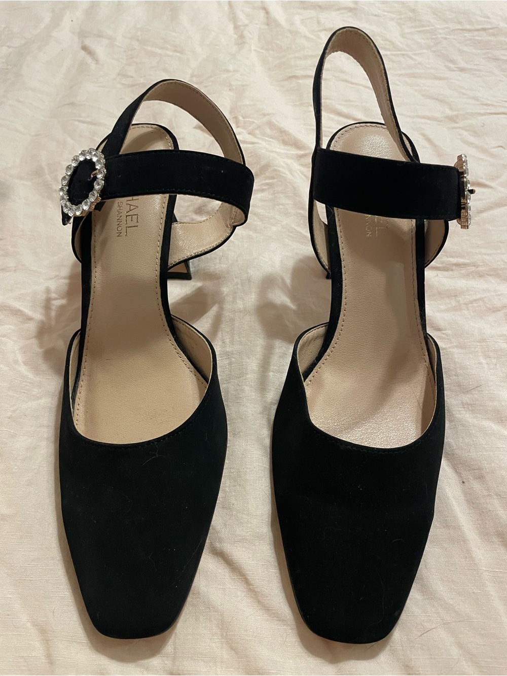 Michael Shannon Black Velvet Slingback Pumps with Rhinestone Buckle